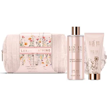 Kosmetická sada The Luxury Bathing Company Dárková sada péče o tělo v taštičce Pivoňka, Broskev & Malina 3 ks + 2 měsíce na vrácení zboží