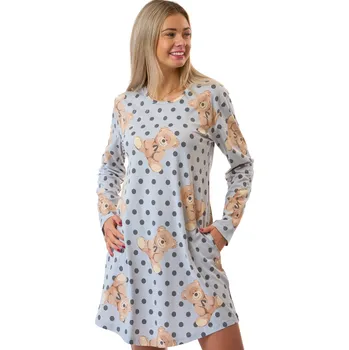 Dámská noční košile Šedá noční košilka z bavlny s medvídky a puntíky, dlouhý rukáv, M-XXL 1C4139 šedá l