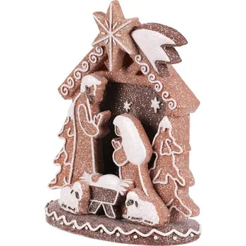 Vánoční dekorace Autronic Betlém perníkový - polyresin, LED osvětl., hnědý s bílým zdobením, sada 2 ks