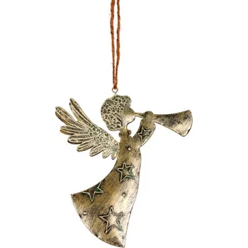 Vánoční dekorace Autronic Anděl kovový s trumpetou - závěsný, barva zlatá-antik, sada 12 ks