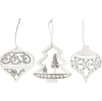 Vánoční dekorace MFP ozdoby dřevěné bílé s glitrem 9ks/7,5cm mix 8886264