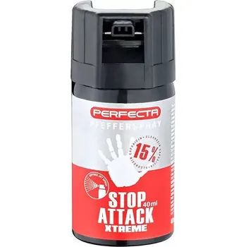 Obranný sprej Pepřák PERFECTA stop attack EXTREME 40ml červený (Sprej pro sebeobranu s extra účinnou 15% pepřovou látkou k zneškodnění útočníka či agresivní zvěře, hlavice Cone FOG, výstřik má charakter mlhy s dosahem až 4 m)