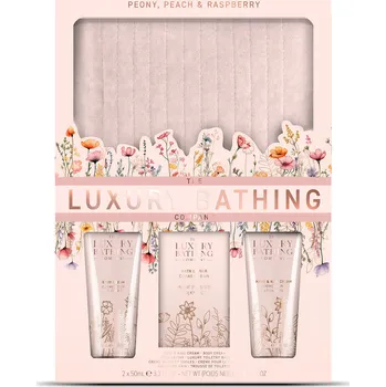 Kosmetická sada The Luxury Bathing Company Dárková sada péče o tělo s kosmetickou taškou Pivoňka, Broskev & Malina 4 ks + 2 měsíce na vrácení zboží