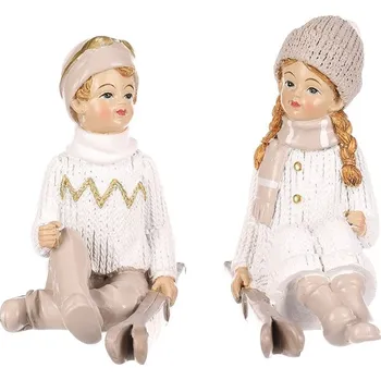 Vánoční dekorace Autronic Děti s lyžemi - polyresin, sedící, béžové, mix 2, cena za 1 ks, sada 4 ks