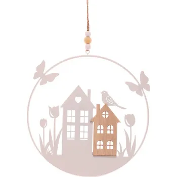 Vánoční dekorace Autronic Kruh závěsný - domečky a ptáčci, dekorace z kovu a dřeva, sada 12 ks