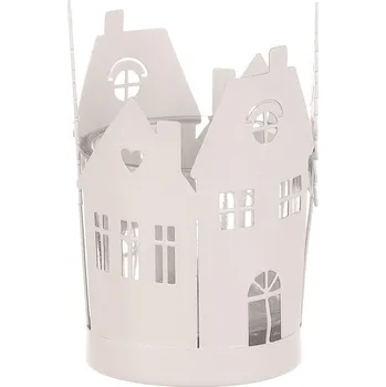 Svícen Autronic Svícen kovový, tvar domků se stromky - sklo uvnitř, barva bílá, sada 9 ks