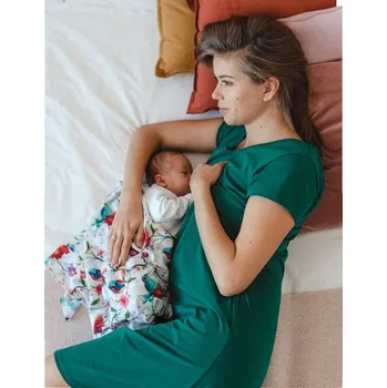 Těhotenské noční prádlo Těhotenská a kojící košile Night & Day - láhvově zelená, bavlna Velikost: M