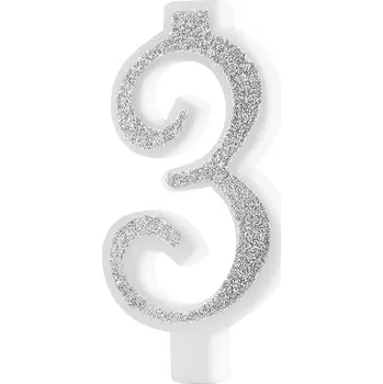 Dortová svíčka Svíčka narozeninová číslo "3" třpytivá stříbrná 7 cm