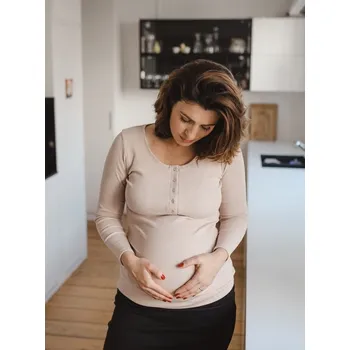 Těhotenské a kojicí tričko Tummy – béžové, žebrovaná bavlna, dlouhý rukáv Velikost: XL