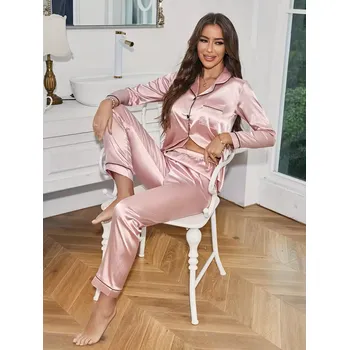 Dámské pyžamo Dámské jednobarevné saténové pyžamo na knoflíky Barva: Růžová, Velikostní tabulka: L
