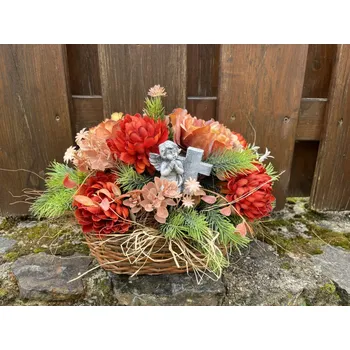 Smuteční dekorace Dekorace na hrob na Dušičky truhlík s květinami a andílkem 32x25x26 cm