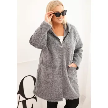 Kesi Włoski Dámský kabát Plus Size z viskózy na zip s kapucí šedý Kesi Włoski šedá 3441903