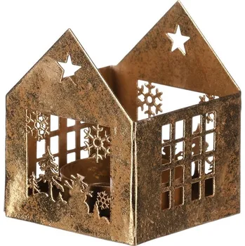 Svícen Autronic Svícen kovový - tvar domečku, menší, zlatý, sada 4 ks