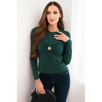 Dámská halenka Dámská blůza z viskózy přiléhavá s nařasením a broží tmavě zelená UNI