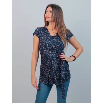 Těhotenská a kojicí halenka Gissa 3v1 – tmavě modrá s kvítky, krátký rukáv Velikost: XL