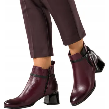 Dámské kozačky KOTNÍKOVÉ BOTY Bordó Dámské KOŽENÉ Pohodlné na Ozdobném Blokovém Podpatku Ocelová Ozdoba vel. 38