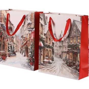Dárková taška Autronic Taška papírová - Vánoce ve městě, mix 2 druhů, vel. S, cena za 1 ks, sada 24 ks
