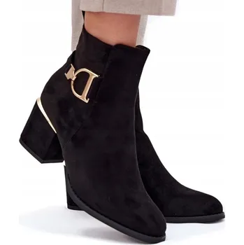 Dámská zimní obuv KOTNÍKOVÉ BOTY ELEGANTNÍ ZLATÉ DETAILY SLOUPEK ZIP ZATEPLENÉ EKO SEMIŠ ČERNÉ 40