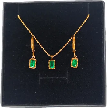 Náhrdelník Zlatá souprava náhrdelník a náušnice smaragd sada Ocel 316L jako dárek
