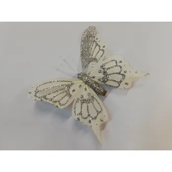Závěsná dekorace na klip motýl 12cm - bílý se stříbrnými třpytkami