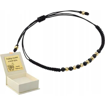 Náramek ZLATÝ NÁRAMEK NA ČERNÉ ŠŇŮRCE SE SPINELEM A KULIČKAMI S DIAMANTOVÝM VZOREM