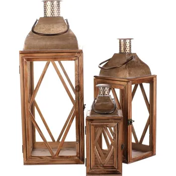 kempingová lampa Autronic Lucerna dřevěná - čtyřboká, cena za sadu 3 ks Hnědá