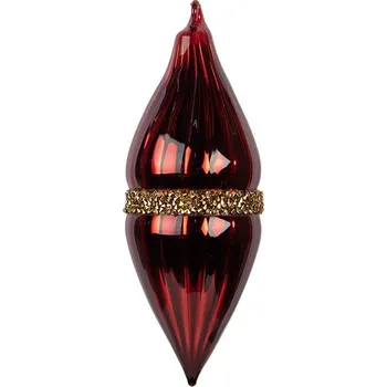 Vánoční dekorace Červená skleněná ozdoba špičatá baňka se zlatým zdobením - Ø 6*17 cm