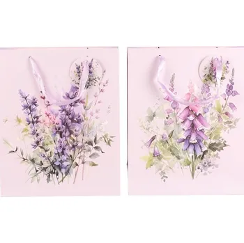 Dárková taška Autronic Taška papírová - fialové květiny, mix 2 druhů, vel. M, cena za 1 ks, sada 24 ks