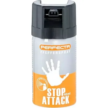 Obranný sprej Pepřák PERFECTA stop attack 40ml žlutý (Sprej pro sebeobranu s 10% účinnou pepřovou látkou k zneškodnění útočníka či agresivní zvěře, hlavice Cone FOG, výstřik má charakter mlhy s dosahem až 4 m )