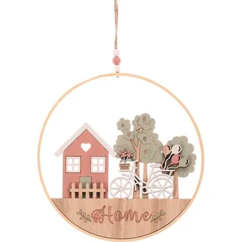 Vánoční dekorace Autronic Kruh závěsný - domeček, strom a kolo, dekorace ze dřeva, sada 6 ks