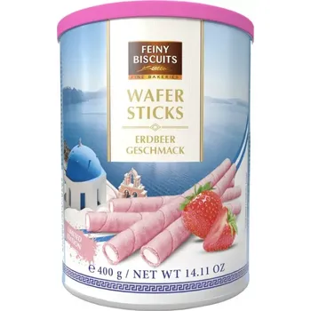 Vaflové trubičky v plechovce s náplní s jahodovou příchutí 400 g (FEINY BISCUITS, WAFER STICKS, ERDBEER GESCHMACK 400g )