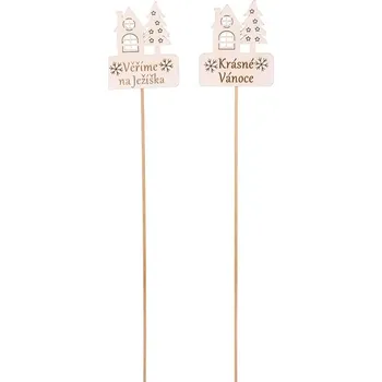 Vánoční dekorace Autronic Domeček s nápisem - dřevěný zápich, bílý, cena za balení (6 ks), sada 5 ks