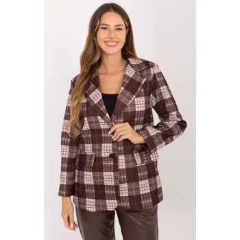 Dámské sako Jednořadé kárované sako se zapínáním na knoflíky model 19518 hnědé