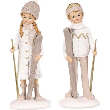 Vánoční dekorace Autronic Děti s lyžemi - polyresin, stojící, béžové, mix 2, cena za 1 ks, sada 4 ks