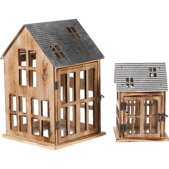 kempingová lampa Autronic Lucerna dřevěná - tvar domku, barva přírodní, cena za sadu 2 ks