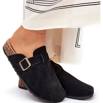 Dámské pantofle NAZOUVÁKY DŘEVÁKY Z EKO SEMIŠE NA KORKOVÉ PLATFORMĚ S PŘEZKOU ČERNÉ 38