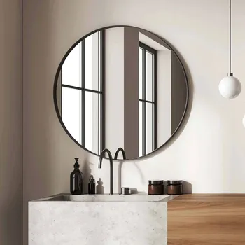 Zrcadlo Zrcadlo Kulaté 90 cm v Černém Hliníkovém Rámu na zeď