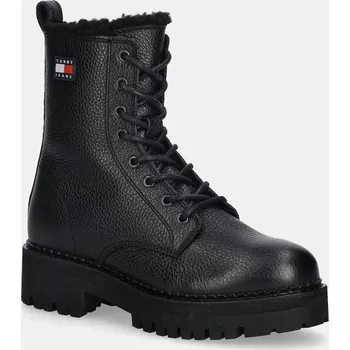 Dámské kozačky Kožené kotníkové boty Tommy Jeans TJW URBAN LACEUP BOOT WL dámské, černá barva, na platformě, zateplené, EN0EN02906 99X, EUR 41