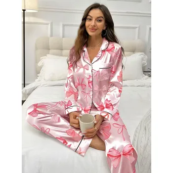 Dámské noční prádlo Dámské saténové pyžamo s mašličkami Barva: Růžová, Velikostní tabulka: XXL