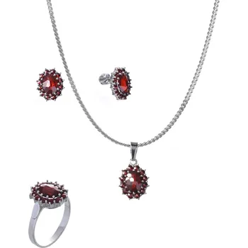 Souprava šperků Stříbrný set šperků 495 s českým granátem, rhodiovaný - ovál Velikost: 54, Zapínání: balónek, Délka řetízku: 50 cm