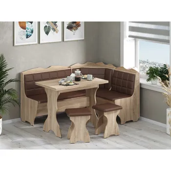 Jídelní set VOMAKS Rohová lavice FRANT SET, dub sonoma, koženka hnědá