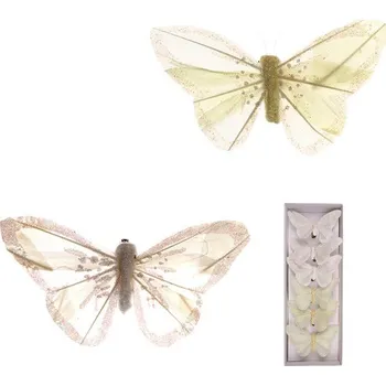 Vánoční dekorace Autronic Motýl s klipem, 6ks v krabičce, bílý s glitry, cena za 1 krabičku, sada 4 ks