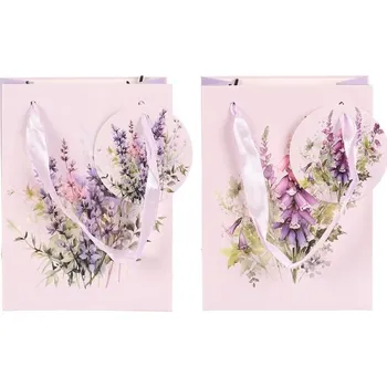 Dárková taška Autronic Taška papírová - fialové květiny, mix 2 druhů, vel. XS, cena za 1 ks, sada 24 ks