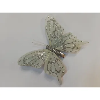 Party dekorace Závěsná dekorace na klip motýl 12cm - světle šedý se stříbrnými třpytkami