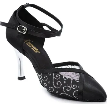 Dámské lodičky HDS Henzély | Dámské taneční boty na standard HDS DST003 černý satén/stříbrný glitr podpatek F7,5 cm - 25,5