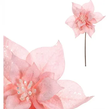 umělá květina Autronic Vánoční růže - umělý květ na stonku, růžová se třpytkami, sada 12 ks