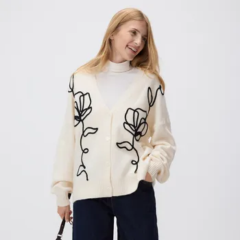 Dámský svetr Reserved - Kardigan s výšivkou - tělová - 085HH-02X - 085HH-02X-XL