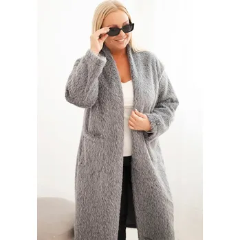 Dámský kabát Dámský kabát Plus Size z viskózy bez zapínání s kapsami šedý UNI