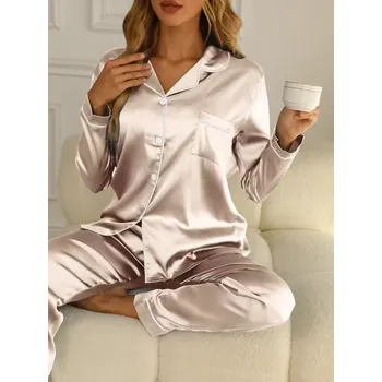 Dámské pyžamo Dámské jednobarevné saténové pyžamo na knoflíky Barva: Zlatá, Velikostní tabulka: M