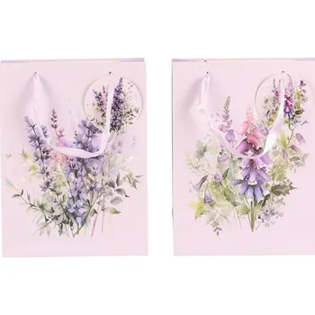 Dárková taška Autronic Taška papírová - fialové květiny, mix 2 druhů, vel. S, cena za 1 ks, sada 24 ks